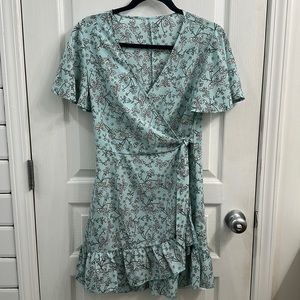 Small teal floral short sleeve wrap dress
